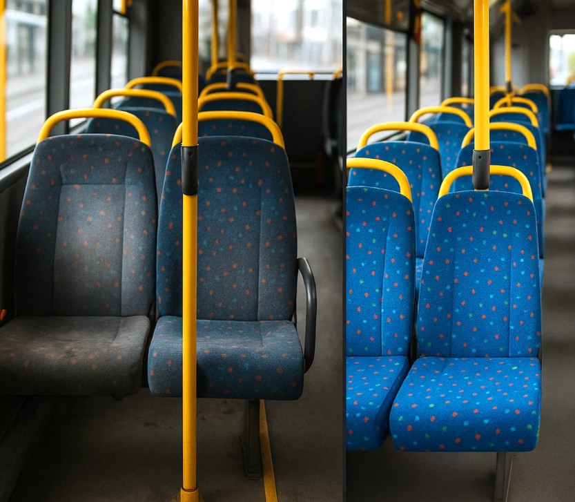 Dansk bybus sæde, til venstre beskidt, til højre nyvasket og rent.