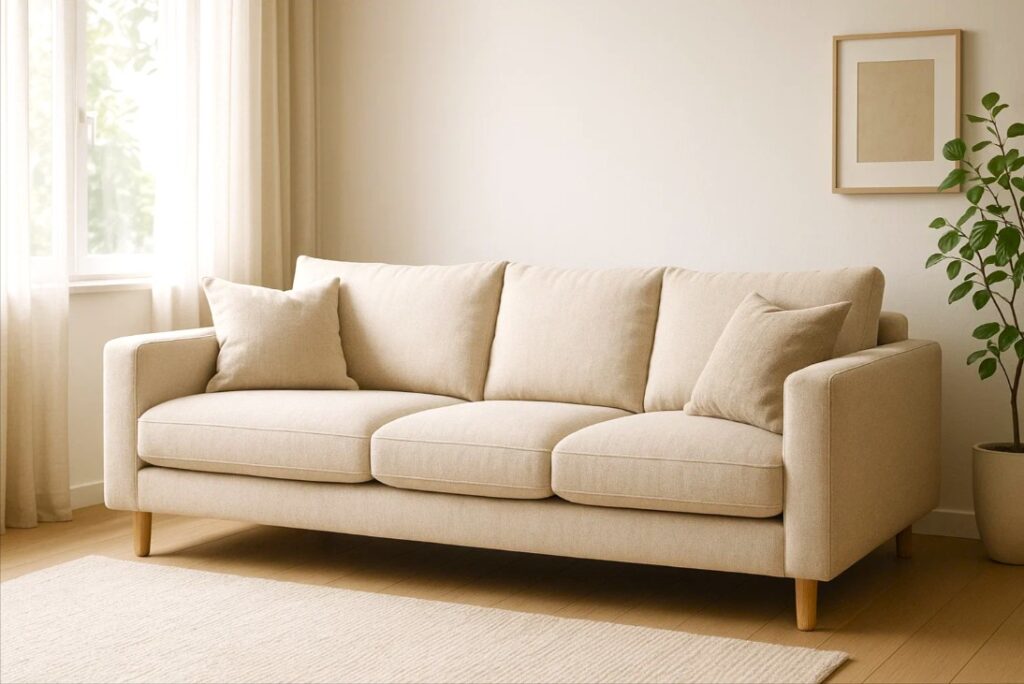 Moderne canvas sofa i et lyst og minimalistisk stueindretning med bløde teksturer og neutrale farver.