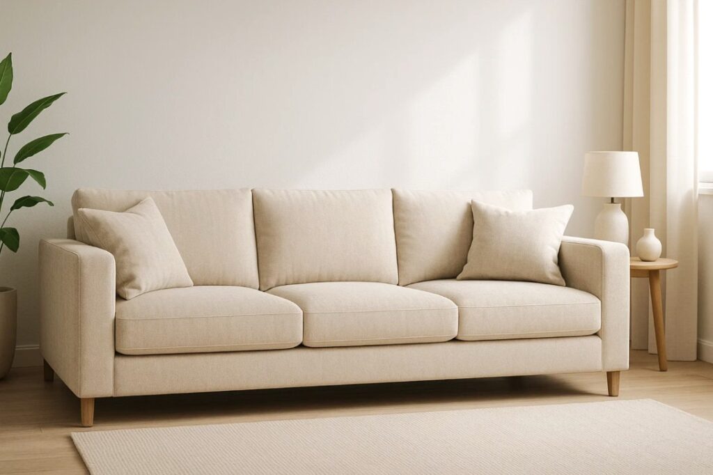 Moderne HØR-sofa i en lys og minimalistisk stue med naturlig tekstur og neutrale farver.