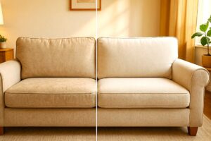 Før og efter rens af stofsofa hos MegaRens – professionel og miljøvenlig sofarens, inkl. fjernelse af dyrehår og lugtfjernelse.