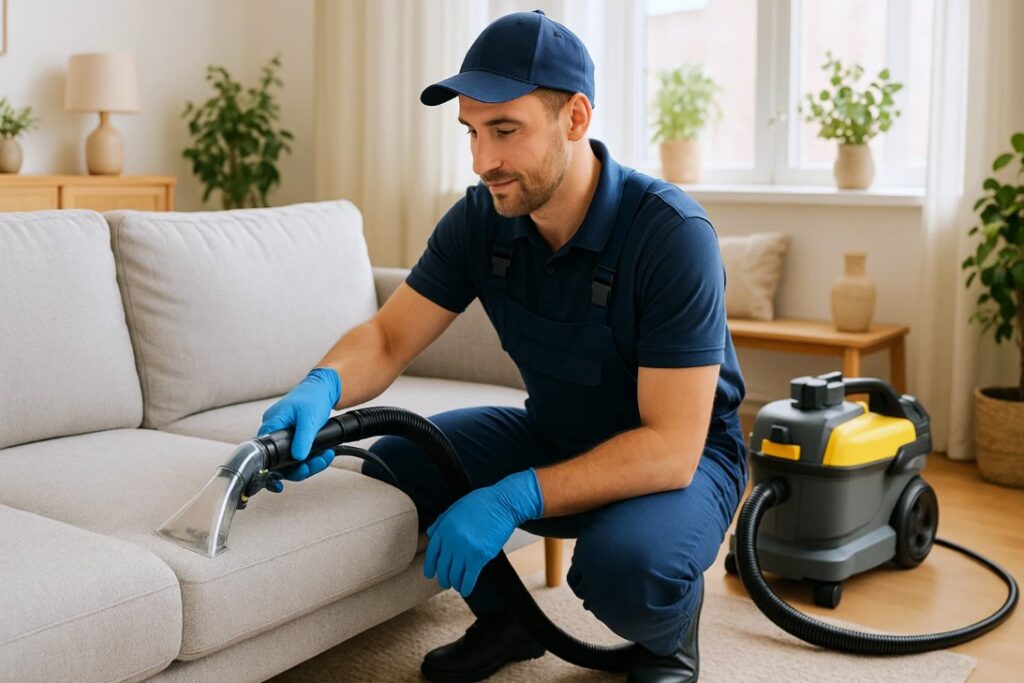 Professionel tekniker renser en stofsofa i en lys og hyggelig dansk stue med tæppe og planter – fokus på hygiejne og friskhed.