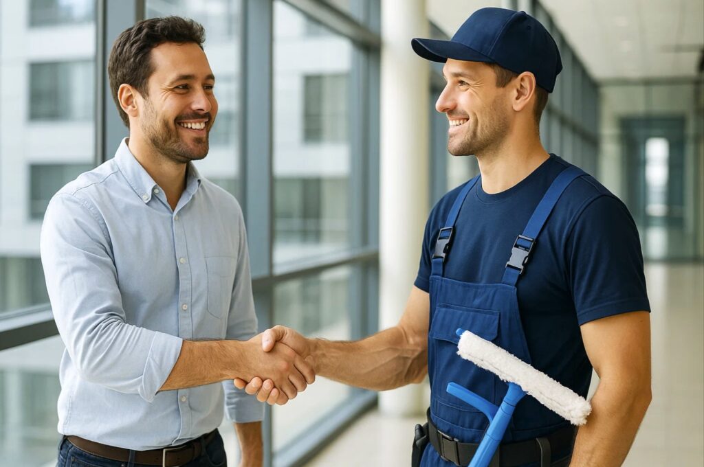 Kunde møder vinduespudser og laver aftale om rengøring