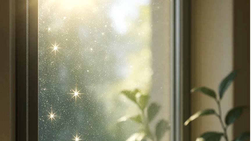 Rene vinduer i hjem med sollys og refleksion af planter