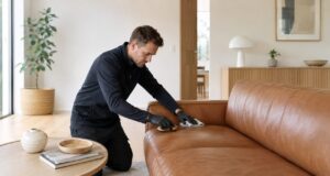 Professionel rengøring af en brun lædersofa hjemme hos kunden