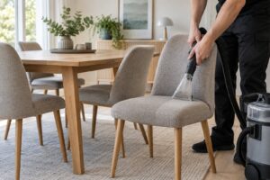 Professionel rensning af polstrede spisebordsstole i et lyst hjem